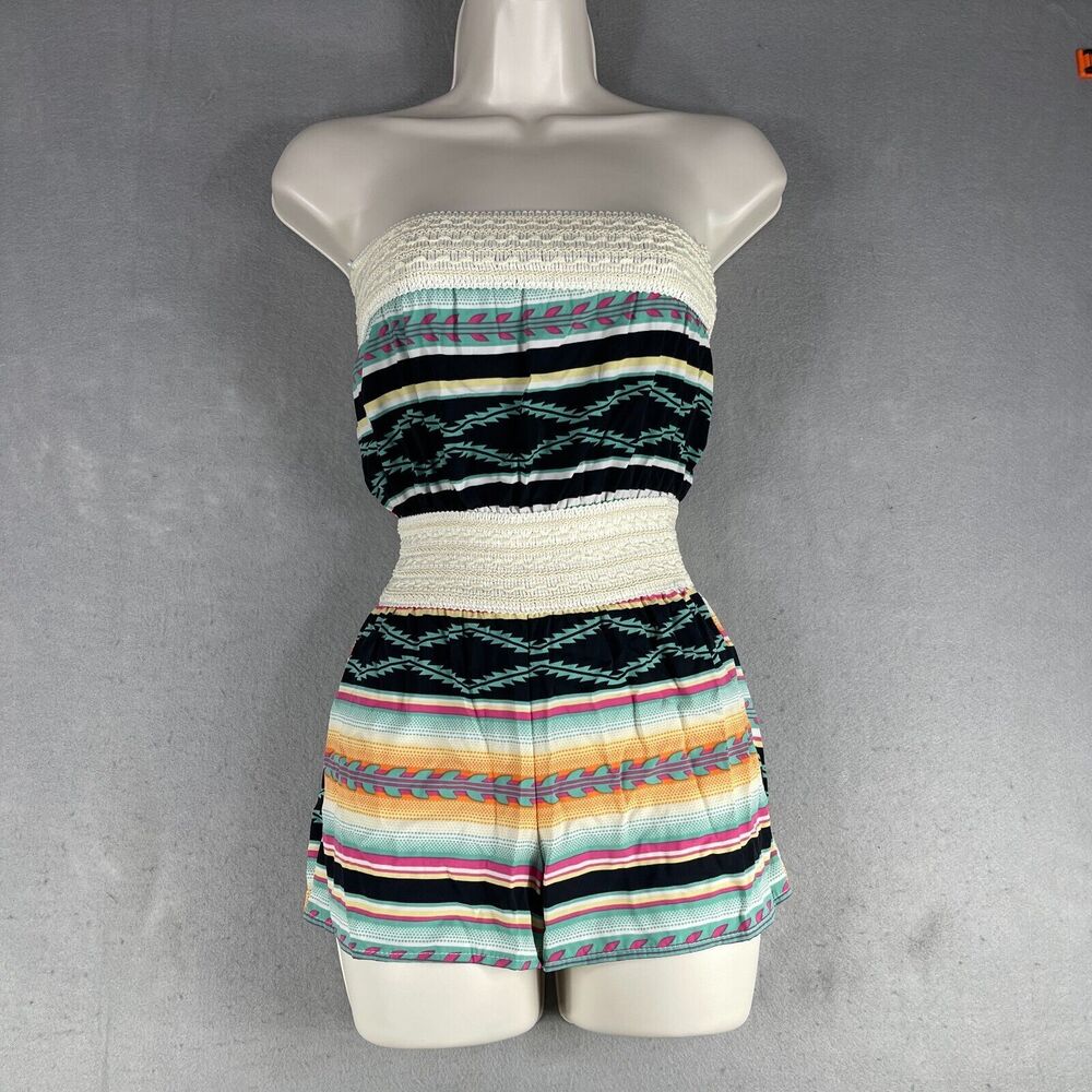 Vintage Havana Romper Womens Medium Beige Black White Sleeveless Striped